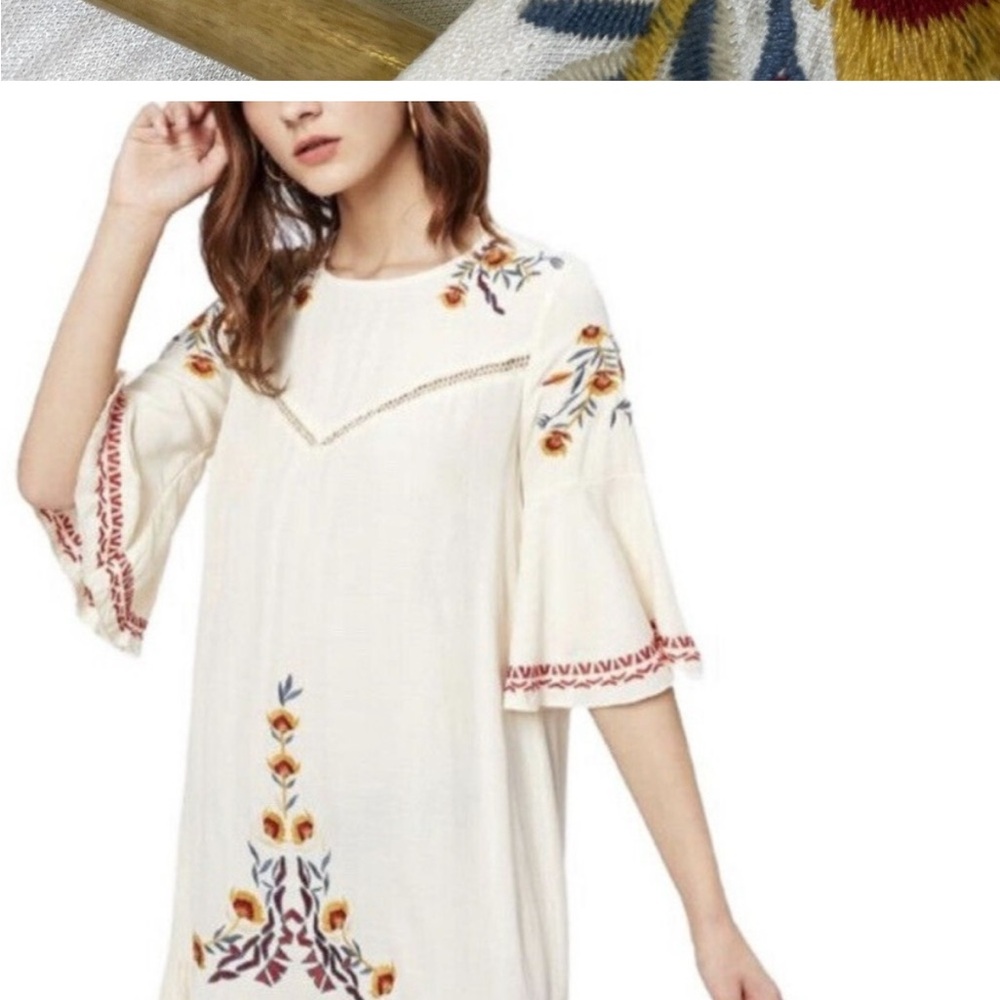 Catch Stitch Floral Embroidered Mini Dress Womens Small Multicolor Bell Sleeve